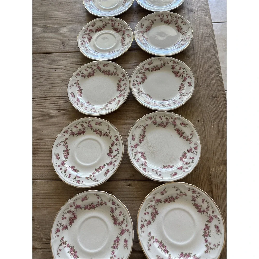 Lot Of 10 Edwin M Knowles China Co Semi Vitreous Saucer Pink Gold Trim Rose MINT